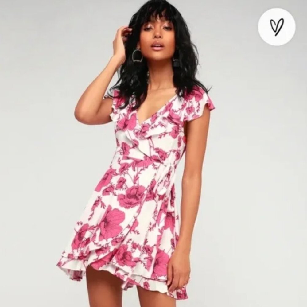 Free People French Quarter Floral Printed Mini Wrap Dress White Pink Size Small